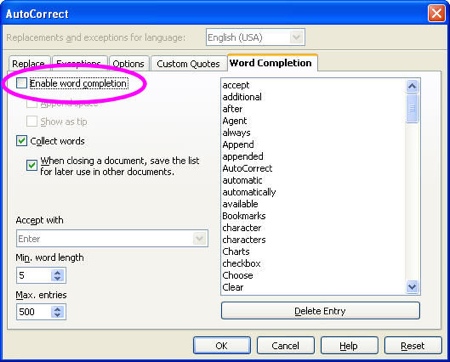 word completion in openoffice