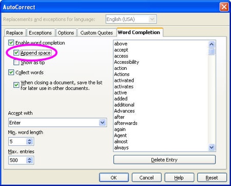 word completion in openoffice