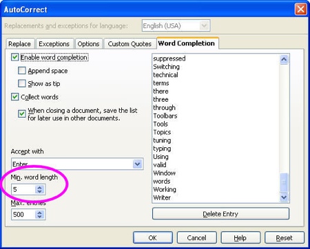 word completion in openoffice