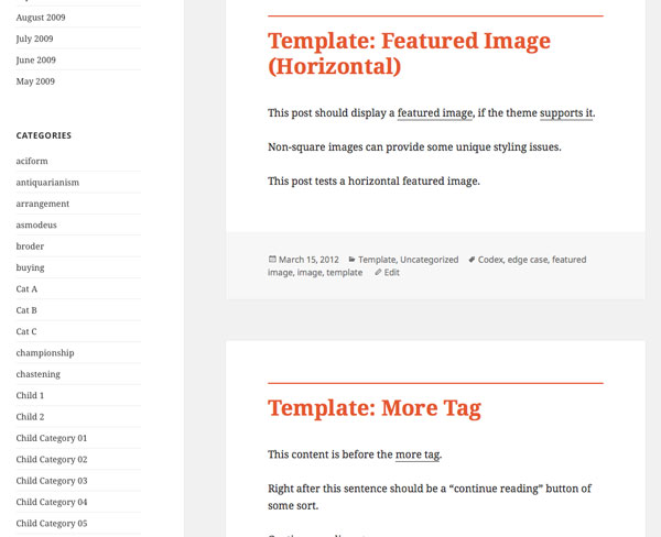 Template archive page with orange post titles and border