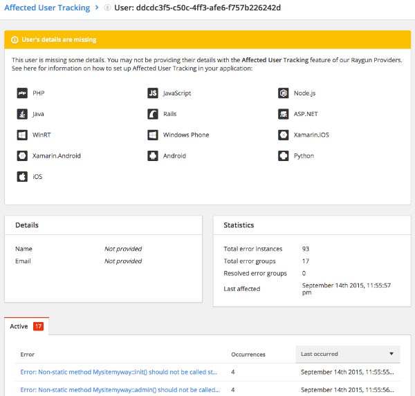 Raygun user tracking