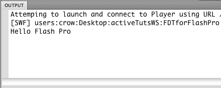 Output panel of Flash Pro showing the trace output