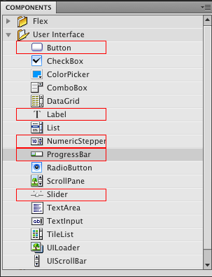 numeric stepper, progress bar, slider Flash components