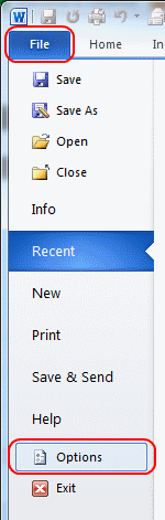 Word Options selection