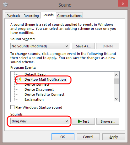 Windows set sound on email notification