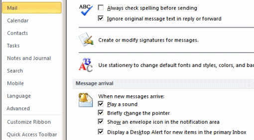 Outlook 2010 Mail Notification settings