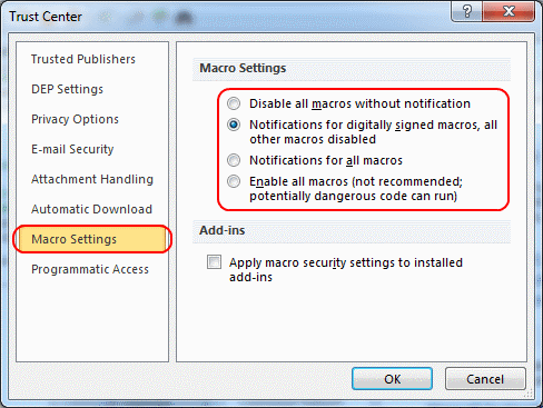 Outlook 2010 Macro settings