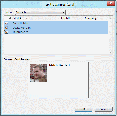 Insert business cards into email