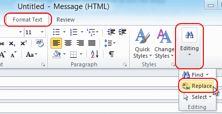 Outlook 2010 find and replace option
