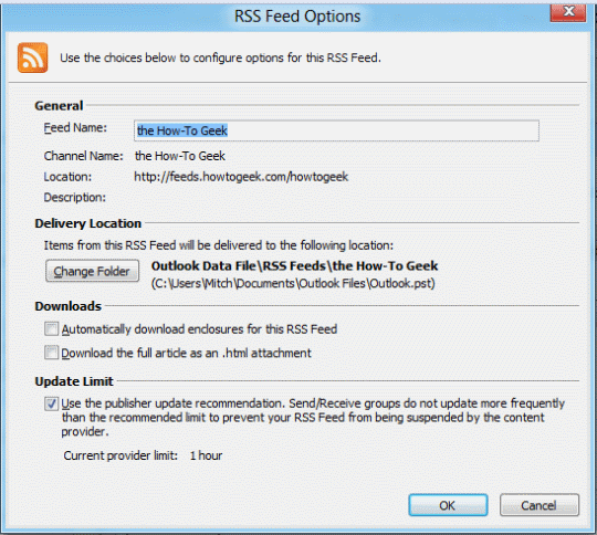 Outlook RSS Feed options