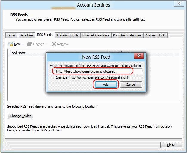 Outlook add new RSS URL