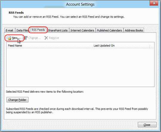 Outlook add new RSS