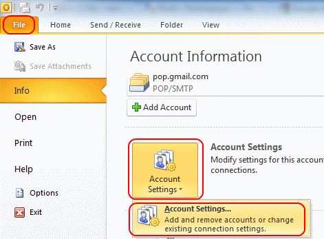 Outlook 2010 account settings