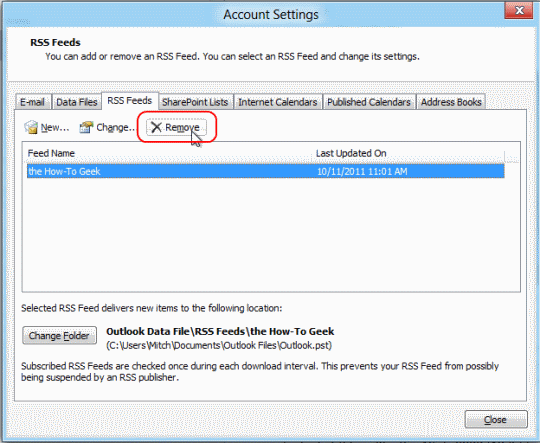 Outlook remove RSS feed