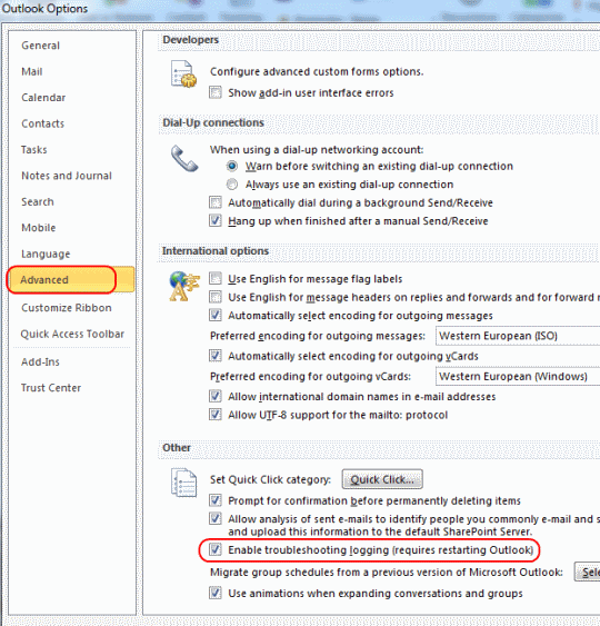 Outlook 2010 troubleshooting logging checkbox