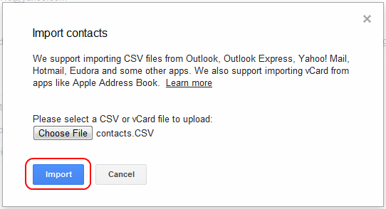 Gmail Contacts Import button