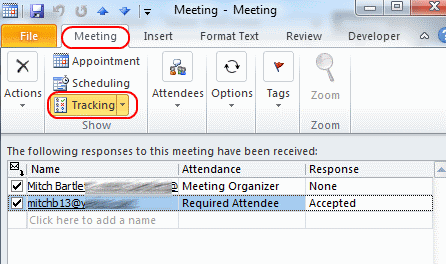 Outlook 2010 Appointment tracking screen