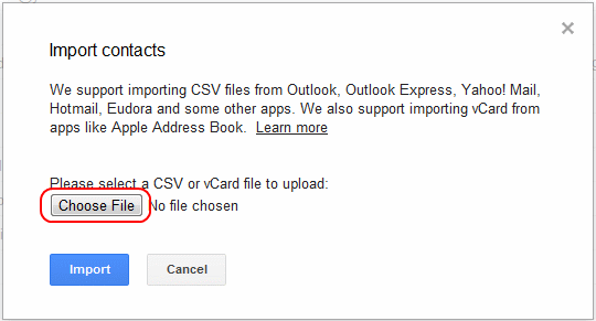 Gmail Contacts Import Choose File option