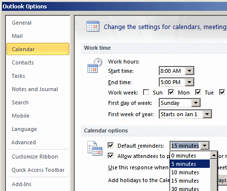 Outlook reminder setting