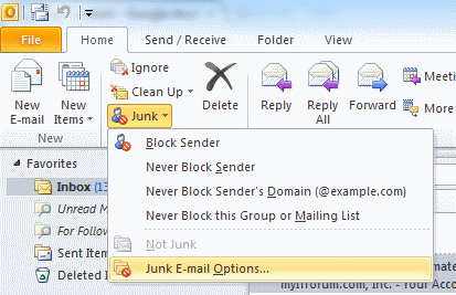 Outlook 2010 junk email options