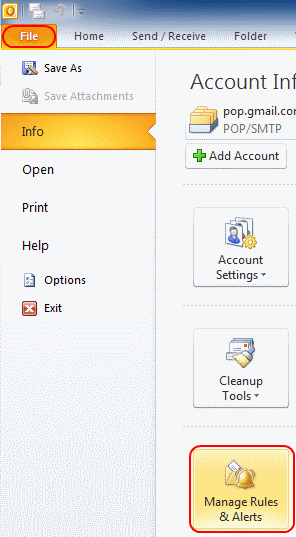 Outlook 2010 manage rules and alerts