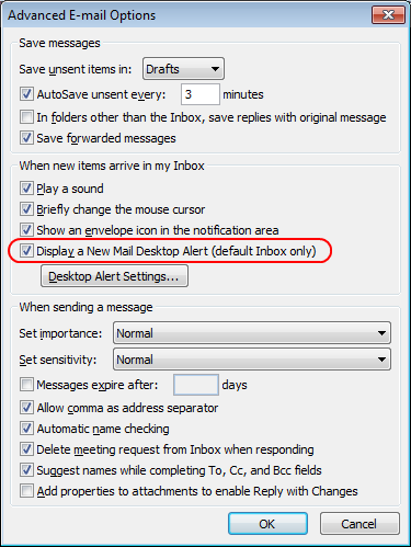 Outlook email notification setting