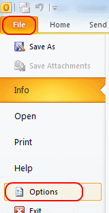 Outlook 2010 Options button