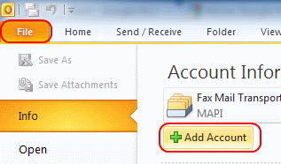 Outlook 2010 Add Account button