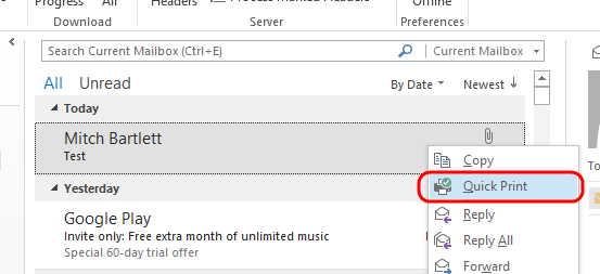 Outlook 2013 Quick Print option