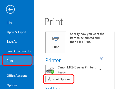 Outlook 2013 Print Options