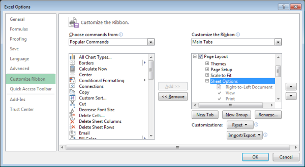 Excel Customize Ribbon- Sheet Options