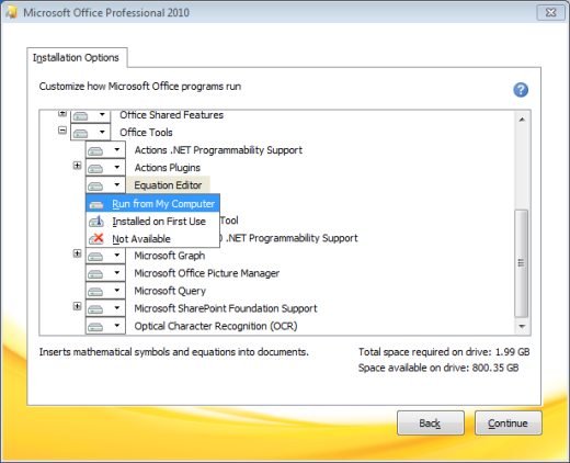 Office 2010 Enabling Equation Editor selection