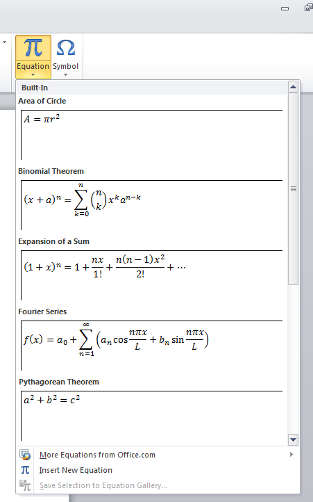 Equation Editor in Word 2010