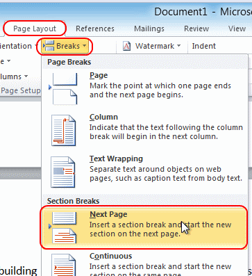 Word 2010 Next Page option