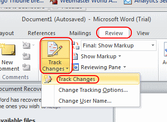 Word track changes feature