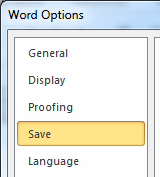 Word Save Options selection