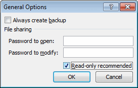 Excel read only recommended setting