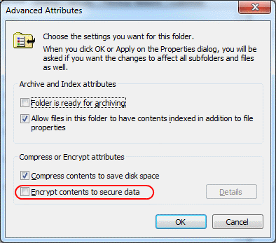 Windows file encryption setting