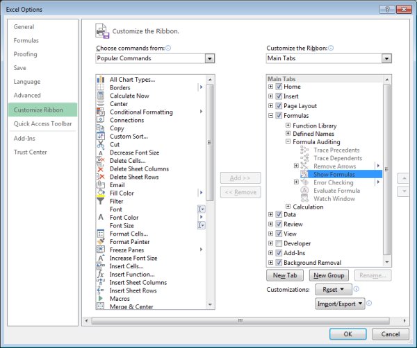 Adding Show Formulas option to Excel ribbon