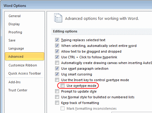 Word overtype mode setting