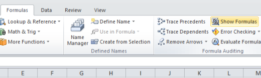 Show Formulas button in Excel 2010