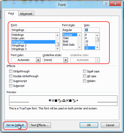 Setting default font in Word