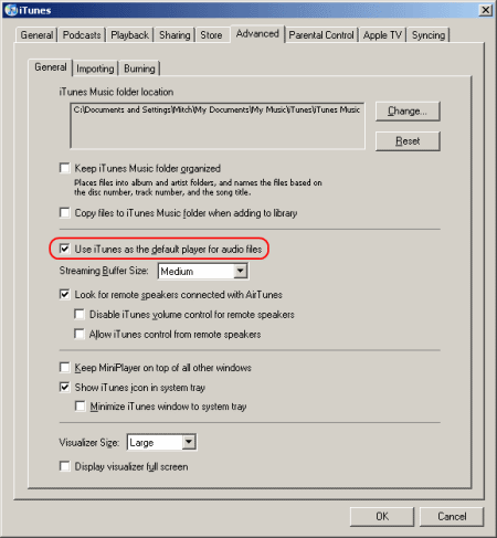 Set iTunes as default setting