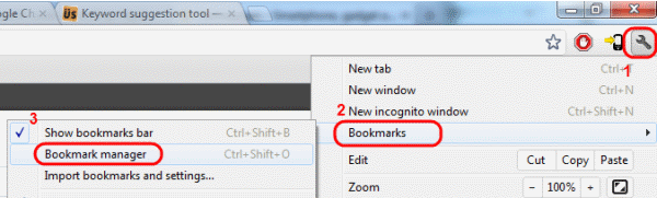 Google Chrome Bookmarks manager menu selection