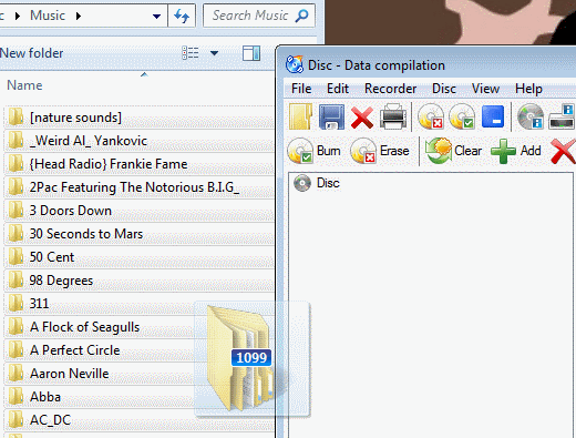 Drag files to CDBurnerXP