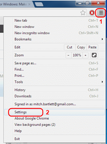 Google Chrome Menu Settions option