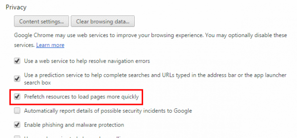 Chrome prefetch setting