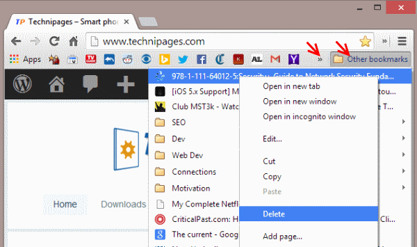 Chrome double arrow and other bookmarks options