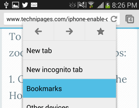 Chrome Android Bookmarks option