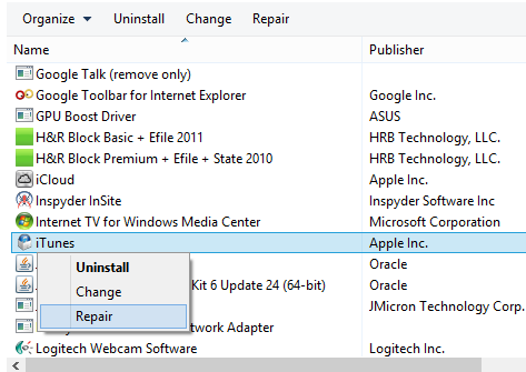 Repair iTunes Install